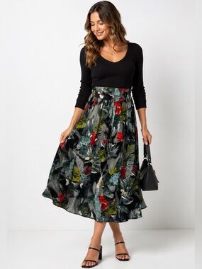 VINTAGE | Painterly Topical Floral Midi Skirt Black Multi Colour High Waisted